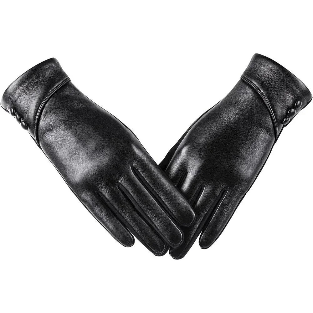 Women's Winter Leather Gloves Touch Screen Wool Lined Windproof Warm Suede Black